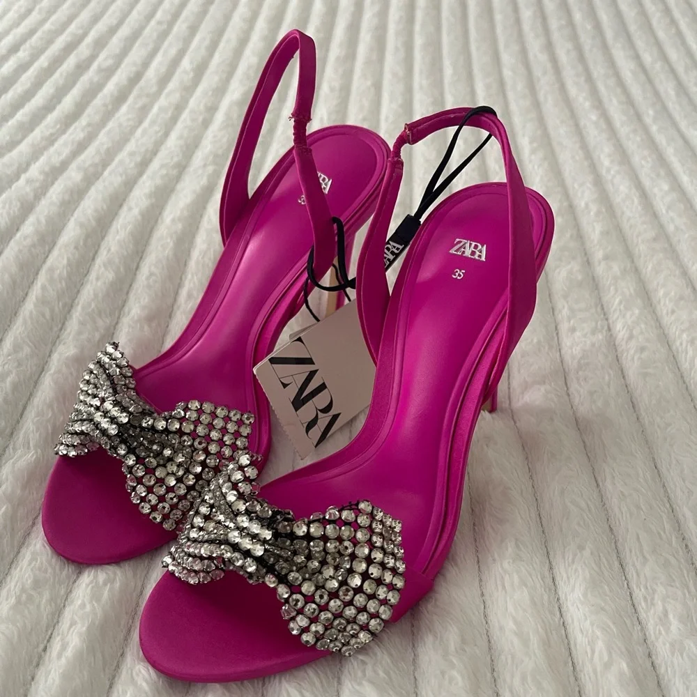 Zara Fuchsia Embellished Bow High Heel Slingbacks - Picture 3 of 13